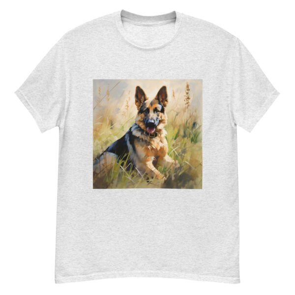 Men's classic graphic t-shirt featuring a majestic and friendly German Shepherd in a field, radiating loyalty and strength