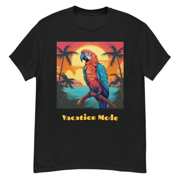 Men's classic graphic t-shirt featuring a parrot perched on a tropical tree branch against a scenic beach background, with the text 'Vacation Mode', evoking a sense of relaxation and tropical paradise