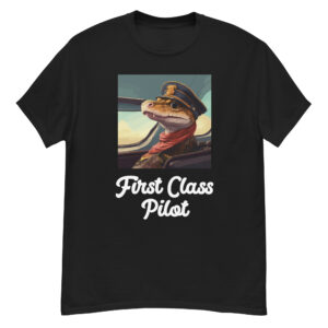 Men's classic graphic t-shirt showcasing a snake piloting a plane, with the words 'First Class Pilot' displayed, exuding confidence and adventure.