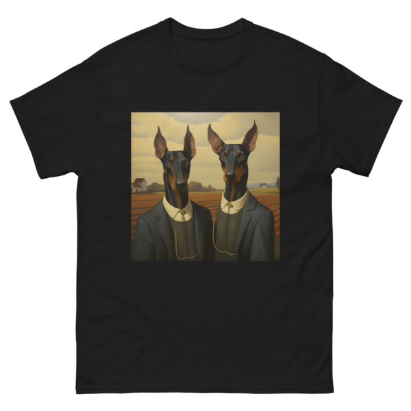 Men's T-shirt depicting two Dobermans on a farm, inspired by the style of the famous farm painting, capturing the majesty and grace of these dogs in a rustic setting.