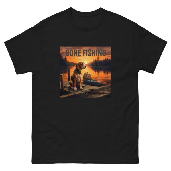 Men's T-shirt featuring a Beagle sitting on a boat dock, with the words 'Gone Fishing' above, capturing a serene lakeside scene