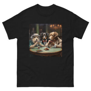 Funny Dog Shirt featuring a classic scene of dogs playing poker around a table, capturing the humorous and iconic artwork.