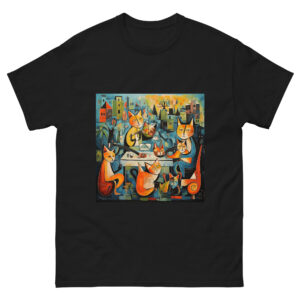 Cat art shirt with a playful Picasso-inspired painting featuring cats frolicking in the park, capturing the essence of feline grace and whimsy.