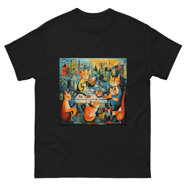 Cat art shirt with a playful Picasso-inspired painting featuring cats frolicking in the park, capturing the essence of feline grace and whimsy.