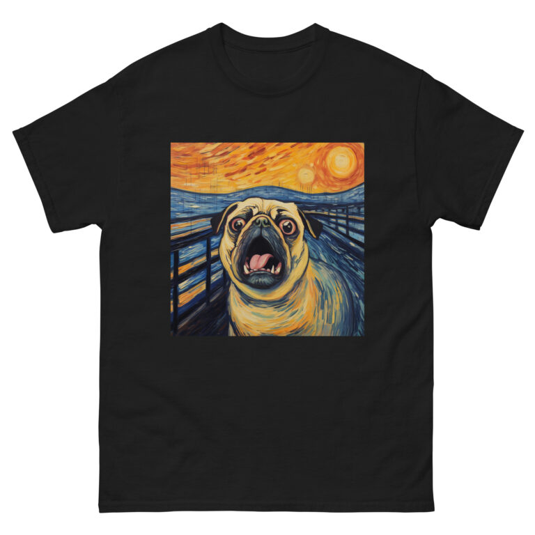 Graphic tee featuring a comical rendition of a pug dog in the iconic style of 'The Scream' painting, humorously capturing the pug's expression in bold strokes.