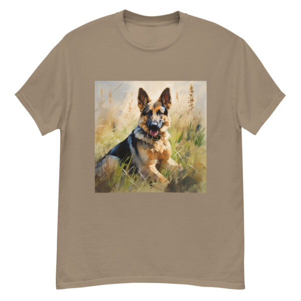 Men's classic graphic t-shirt featuring a majestic and friendly German Shepherd in a field, radiating loyalty and strength