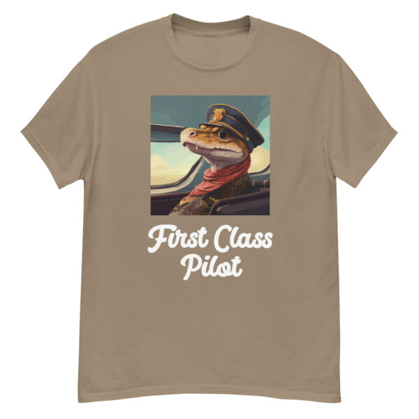 Men's classic graphic t-shirt showcasing a snake piloting a plane, with the words 'First Class Pilot' displayed, exuding confidence and adventure.