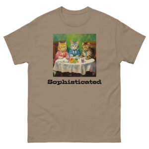 Men's T-shirt featuring cats dining at a table, reminiscent of a famous painting, capturing the whimsy and charm of feline companionship with the word sophisticated displayed.