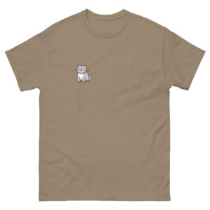 Graphic t-shirt with a anime style shorthair cat on right pocket.