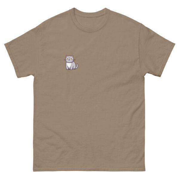 Graphic t-shirt with a anime style shorthair cat on right pocket.