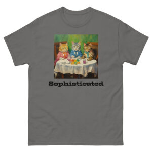 Men's T-shirt featuring cats dining at a table, reminiscent of a famous painting, capturing the whimsy and charm of feline companionship with the word sophisticated displayed.