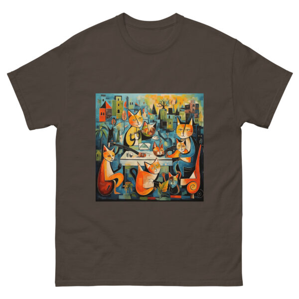 Men's T-shirt with a playful Picasso-inspired painting featuring cats frolicking in the park, capturing the essence of feline grace and whimsy.