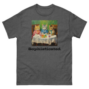Men's T-shirt featuring cats dining at a table, reminiscent of a famous painting, capturing the whimsy and charm of feline companionship with the word sophisticated displayed.