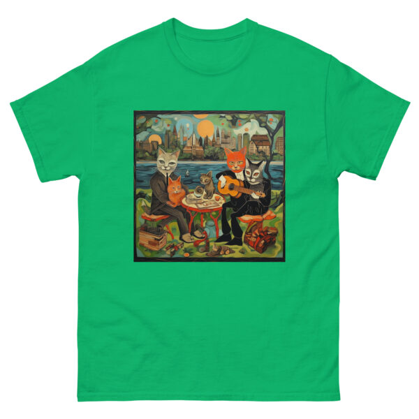 Men's T-shirt with a playful Picasso-inspired painting featuring cats frolicking in the park, capturing the essence of feline grace and whimsy.
