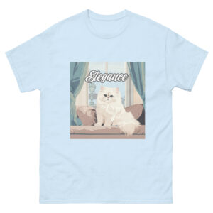 Men's T-shirt showcasing a Persian cat lounging on a couch, exuding elegance, with the word 'Elegance' written stylishly.