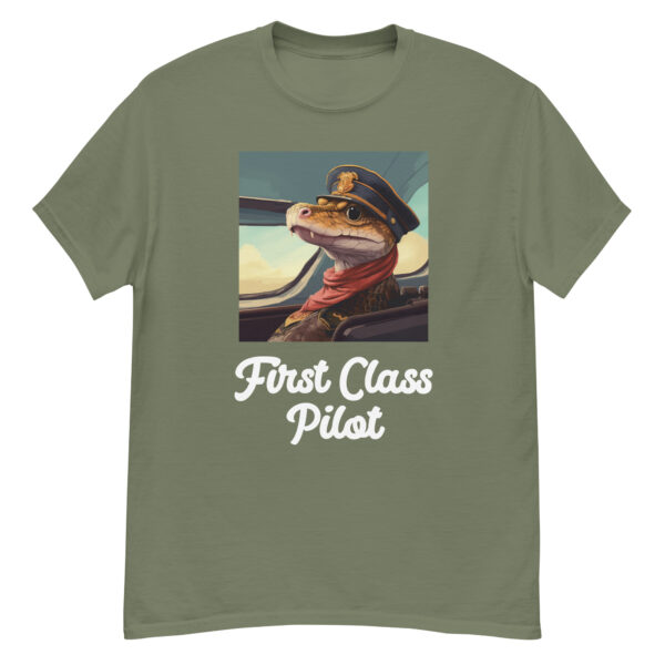 Men's classic graphic t-shirt showcasing a snake piloting a plane, with the words 'First Class Pilot' displayed, exuding confidence and adventure.