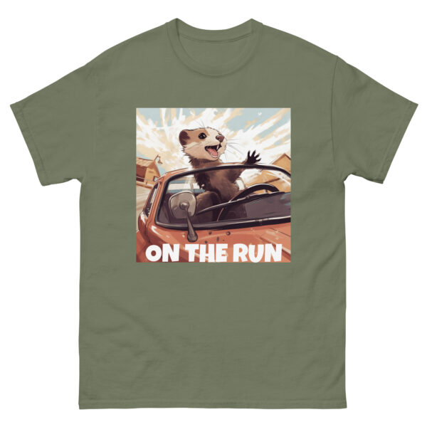 Men's T-shirt featuring a ferret peeking out of a car window, with the words 'On the Run', evoking a sense of adventure and mischief.