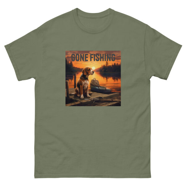 Men's T-shirt featuring a Beagle sitting on a boat dock, with the words 'Gone Fishing' above, capturing a serene lakeside scene
