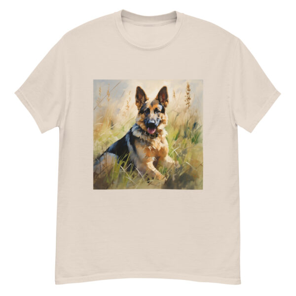 Men's classic graphic t-shirt featuring a majestic and friendly German Shepherd in a field, radiating loyalty and strength