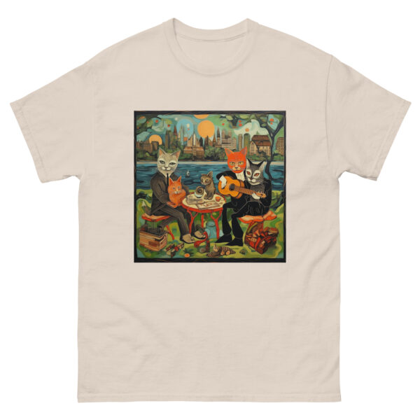 Men's T-shirt with a playful Picasso-inspired painting featuring cats frolicking in the park, capturing the essence of feline grace and whimsy.