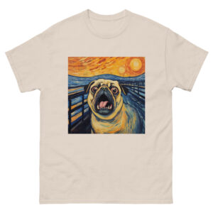 Pug Scream Shirt featuring a comical rendition of a pug dog in the iconic style of 'The Scream' painting, humorously capturing the pug's expression in bold strokes.