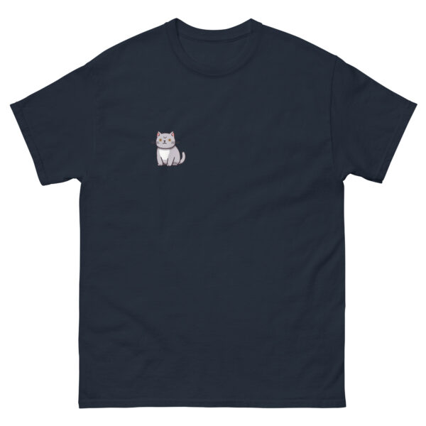 Graphic t-shirt with an anime style shorthair cat on right pocket.