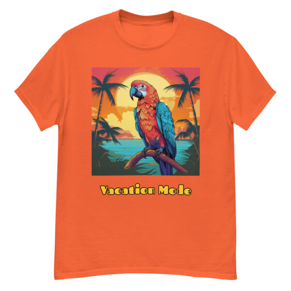 Men's classic graphic t-shirt featuring a parrot perched on a tropical tree branch against a scenic beach background, with the text 'Vacation Mode', evoking a sense of relaxation and tropical paradise