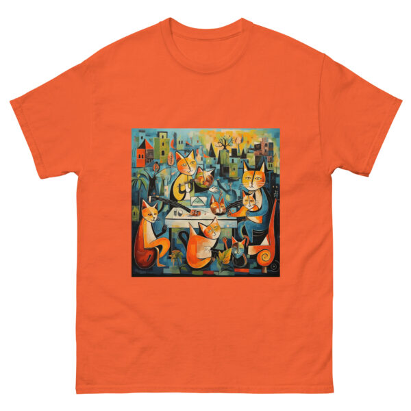 Men's T-shirt with a playful Picasso-inspired painting featuring cats frolicking in the park, capturing the essence of feline grace and whimsy.