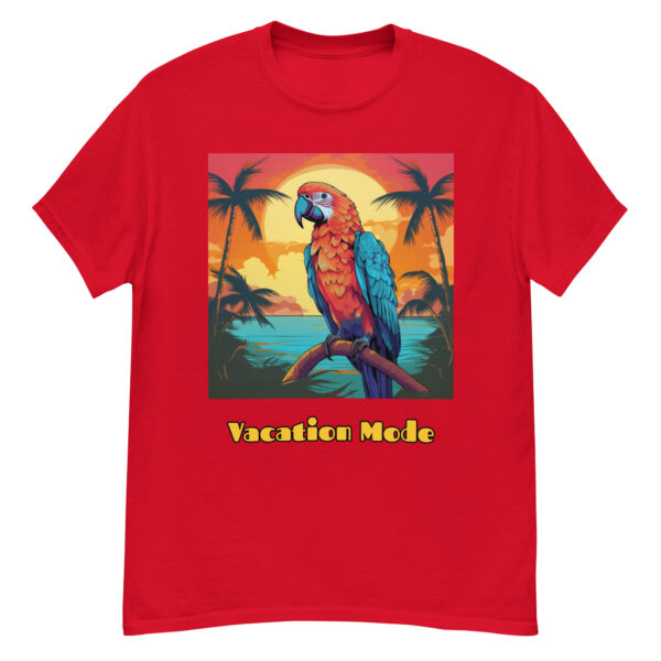 Men's classic graphic t-shirt featuring a parrot perched on a tropical tree branch against a scenic beach background, with the text 'Vacation Mode', evoking a sense of relaxation and tropical paradise