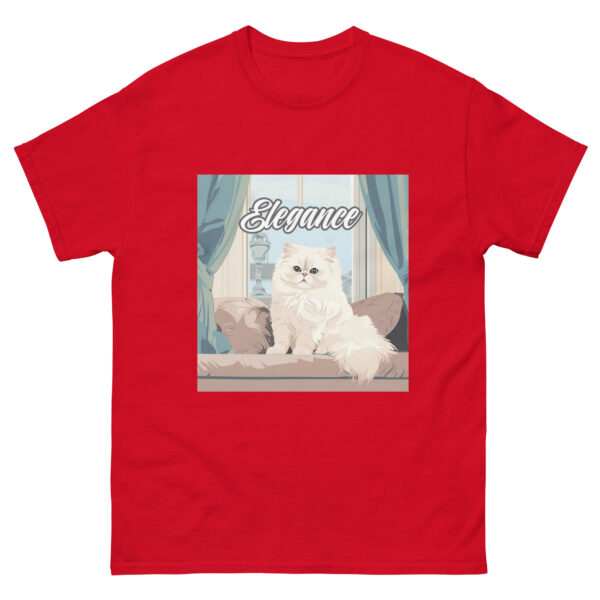 Men's T-shirt showcasing a Persian cat lounging on a couch, exuding elegance, with the word 'Elegance' written stylishly.