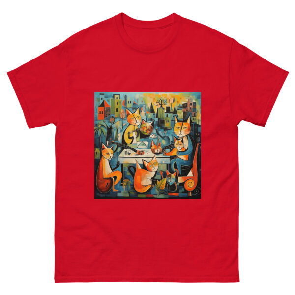 Men's T-shirt with a playful Picasso-inspired painting featuring cats frolicking in the park, capturing the essence of feline grace and whimsy.