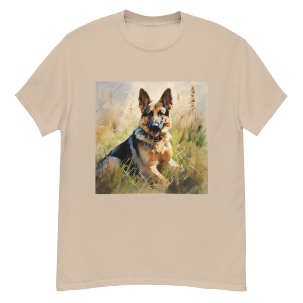 Men's classic graphic t-shirt featuring a majestic and friendly German Shepherd in a field, radiating loyalty and strength