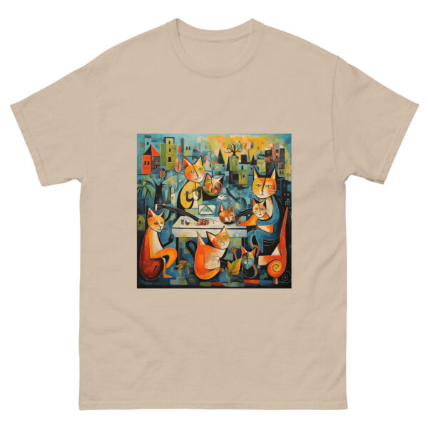 Men's T-shirt with a playful Picasso-inspired painting featuring cats frolicking in the park, capturing the essence of feline grace and whimsy.