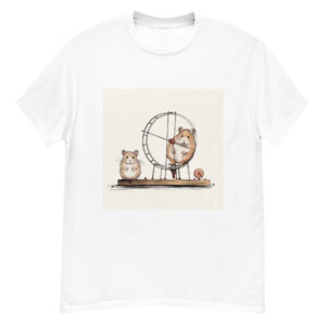 Men's classic graphic t-shirt featuring two cartoon-style hamsters hanging out on a hamster wheel, adding a playful touch to your wardrobe.