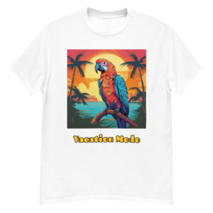 Men's classic graphic t-shirt featuring a parrot perched on a tropical tree branch against a scenic beach background, with the text 'Vacation Mode', evoking a sense of relaxation and tropical paradise