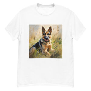 Men's classic graphic t-shirt featuring a majestic and friendly German Shepherd in a field, radiating loyalty and strength