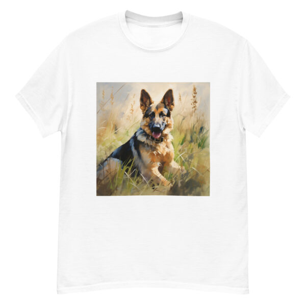 Men's classic graphic t-shirt featuring a majestic and friendly German Shepherd in a field, radiating loyalty and strength