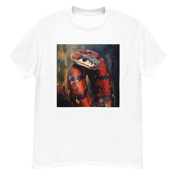 Men's classic graphic t-shirt featuring a majestic milk snake, showcasing its vibrant colors and striking pattern.