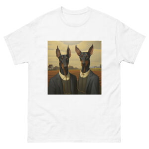 Men's T-shirt depicting two Dobermans on a farm, inspired by the style of the famous farm painting, capturing the majesty and grace of these dogs in a rustic setting.