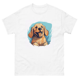 Men's T-shirt featuring a smiling golden retriever puppy, radiating joy and warmth with its infectious grin