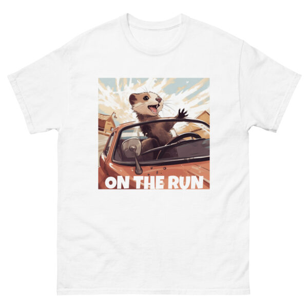 Men's T-shirt featuring a ferret peeking out of a car window, with the words 'On the Run', evoking a sense of adventure and mischief.