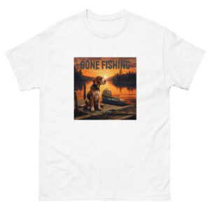 Men's T-shirt featuring a Beagle sitting on a boat dock, with the words 'Gone Fishing' above, capturing a serene lakeside scene