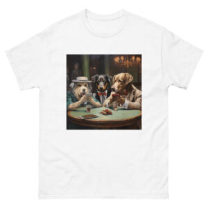 Men's T-shirt featuring a classic scene of dogs playing poker around a table, capturing the humorous and iconic artwork.