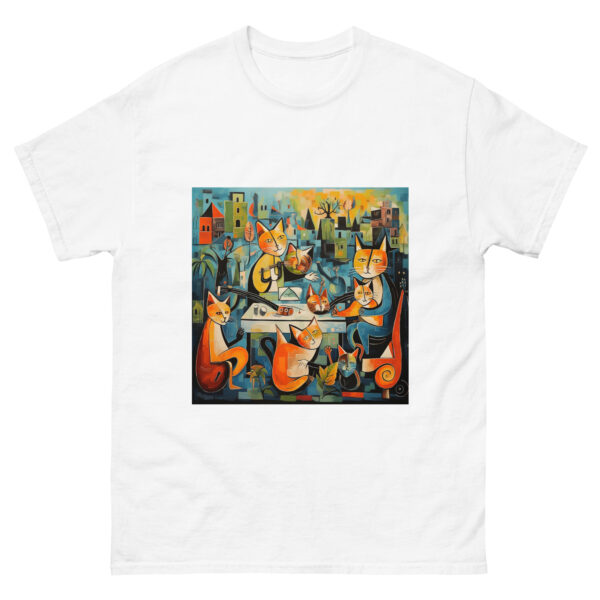 Men's T-shirt with a playful Picasso-inspired painting featuring cats frolicking in the park, capturing the essence of feline grace and whimsy.