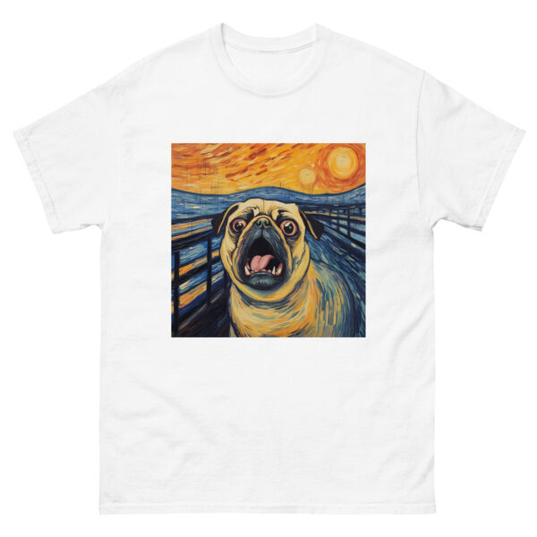 Graphic tee featuring a comical rendition of a pug dog in the iconic style of 'The Scream' painting, humorously capturing the pug's expression in bold strokes.