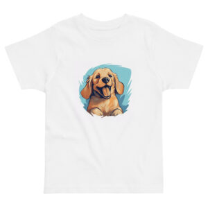 Toddler’s T-shirt featuring a smiling golden retriever puppy, radiating joy and warmth with its infectious grin