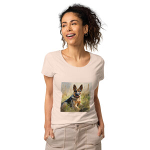 Women's classic graphic t-shirt featuring a majestic and friendly German Shepherd in a field, radiating loyalty and strength