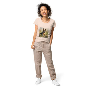 Women's classic graphic t-shirt featuring a majestic and friendly German Shepherd in a field, radiating loyalty and strength