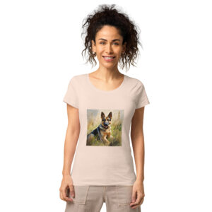 Women's classic graphic t-shirt featuring a majestic and friendly German Shepherd in a field, radiating loyalty and strength