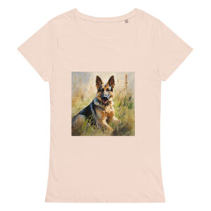 Women's classic graphic t-shirt featuring a majestic and friendly German Shepherd in a field, radiating loyalty and strength